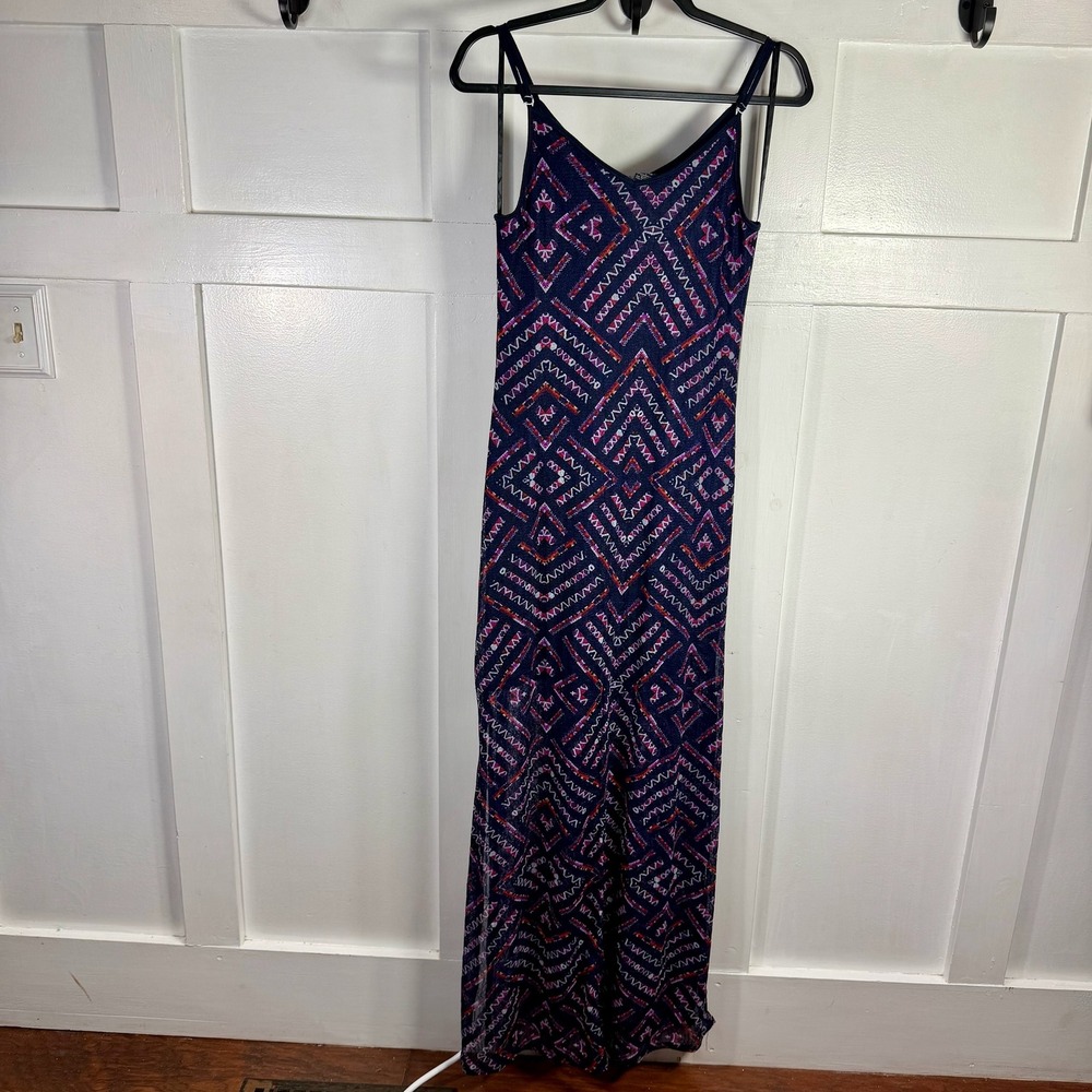 Fire Los Angeles Maxi Dress Navy‎ Pink Geometric Print Spaghetti Strap Size L